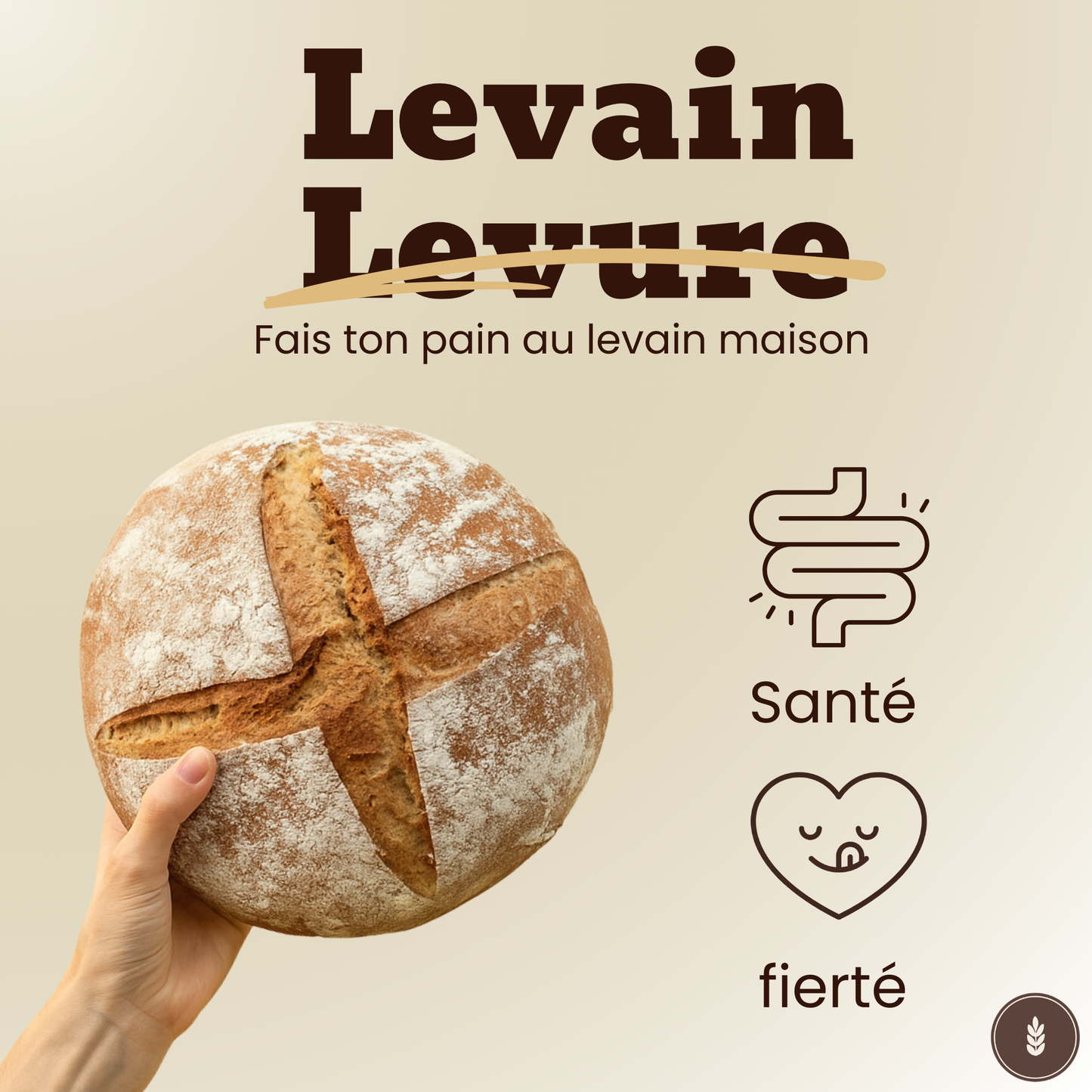 Pain au levain maison artisanal avec croûte dorée, illustrant les bienfaits pour la santé et la fierté de faire son propre pain sans levure.