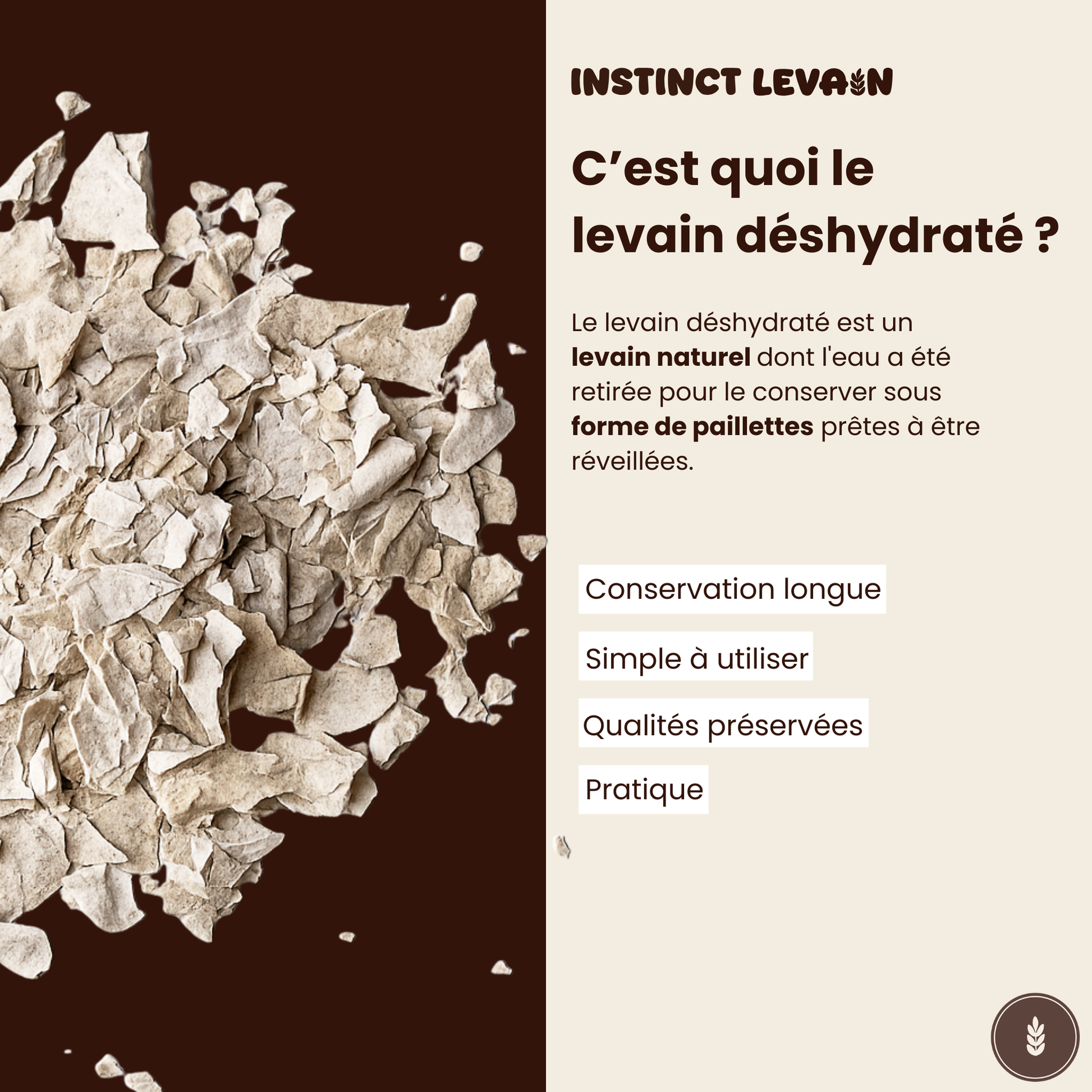Levain naturel déshydraté Instinct Levain sous forme de paillettes : conservation longue et simple à utiliser.