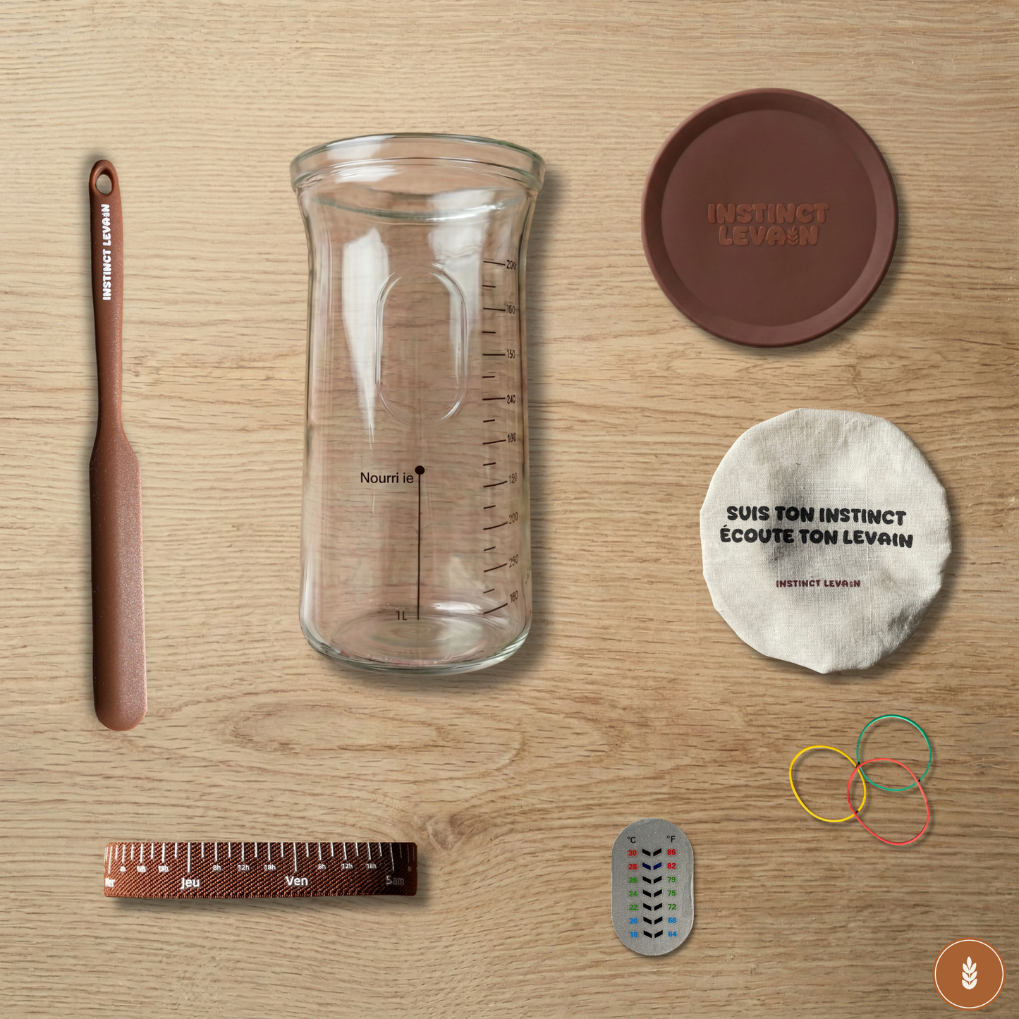 Kit bocal à levain Instinct Levain : vue éclatée des accessoires de fermentation et précision.