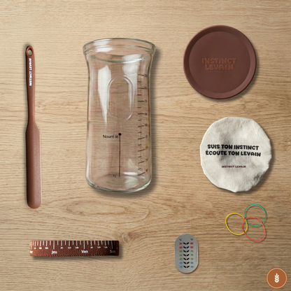 Kit bocal à levain Instinct Levain : vue éclatée des accessoires de fermentation et précision.